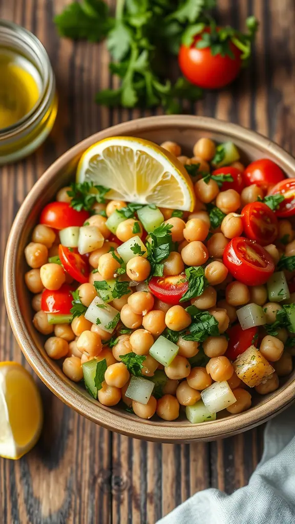 Chickpea Tabbouleh salad with fresh vegetables and lemon