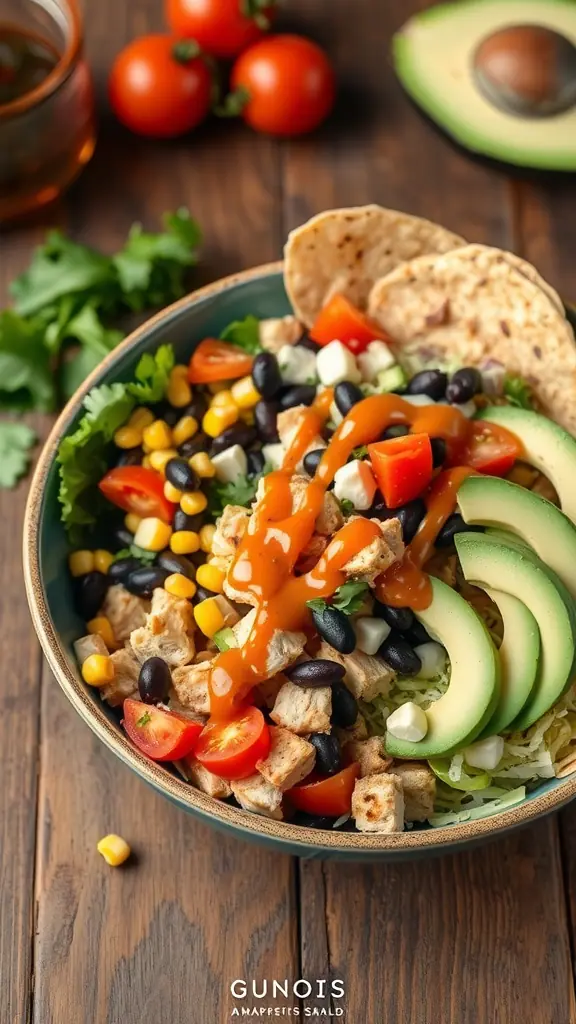 A vibrant bowl of chipotle chicken taco salad with a variety of colorful toppings.