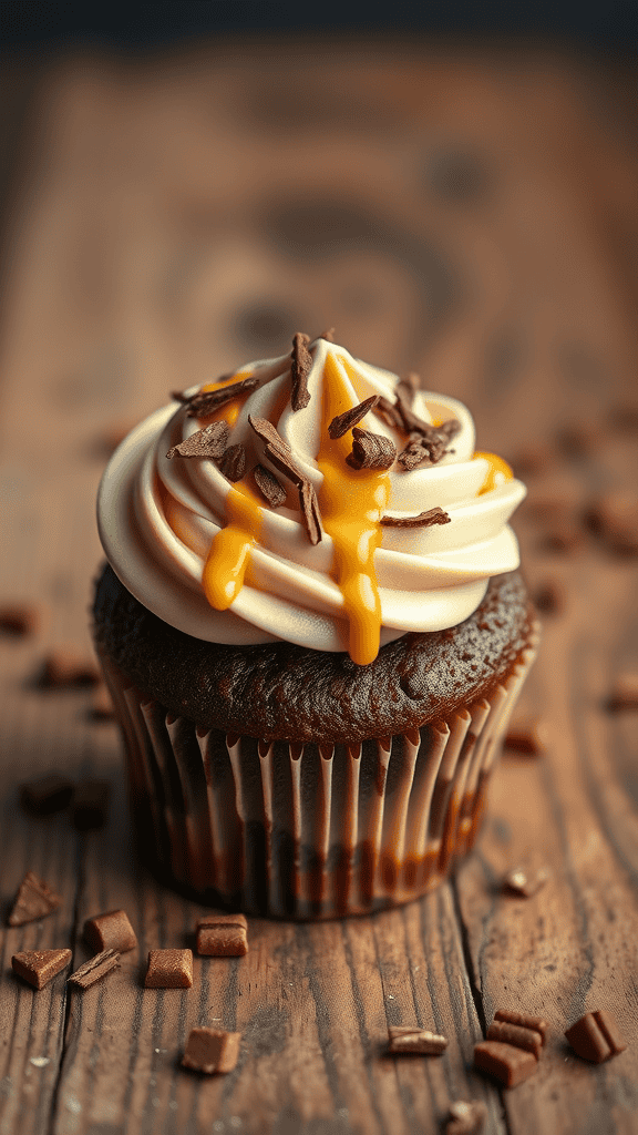 Chocolate Peanut Butter Swirl Cupcake topped with creamy frosting and chocolate drizzle