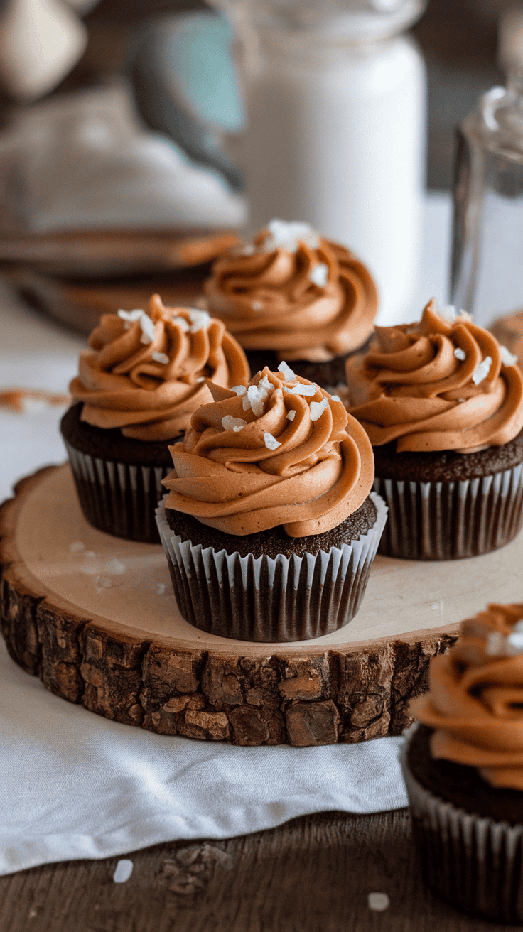 Delicious chocolate salted caramel cupcakes with swirls of caramel frosting and a sprinkle of sea salt.