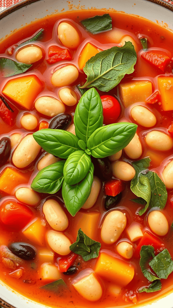 A bowl of classic Italian minestrone soup with colorful vegetables and fresh basil on top.