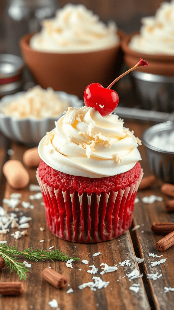 Coconut Red Velvet Cupcake topped with cream frosting and a cherry