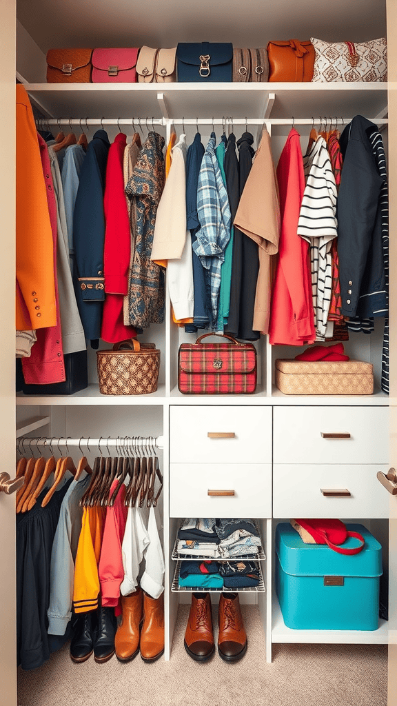 Color-coded organized closet with clothes and accessories arranged neatly.