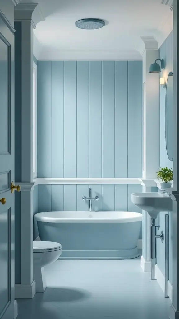 A serene bathroom featuring soft blue walls, a white bathtub, and a small plant.