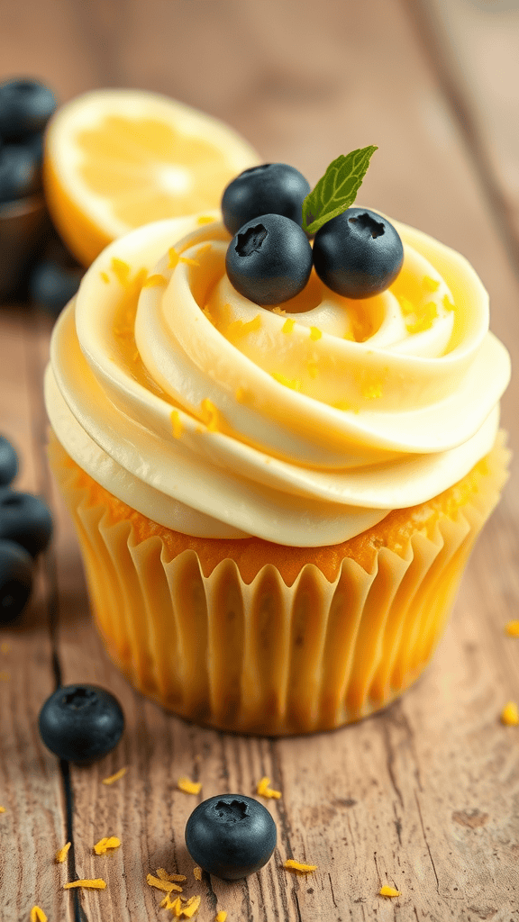 Delicious cream-filled lemon blueberry cupcake topped with blueberries and lemon zest