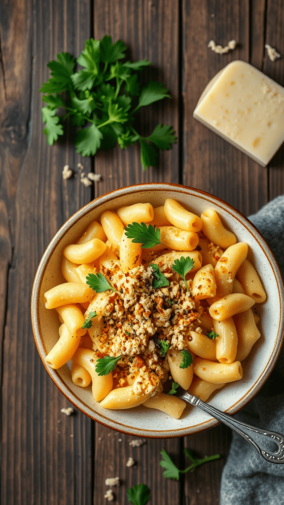 A bowl of creamy mac and cheese topped with breadcrumbs and parsley.