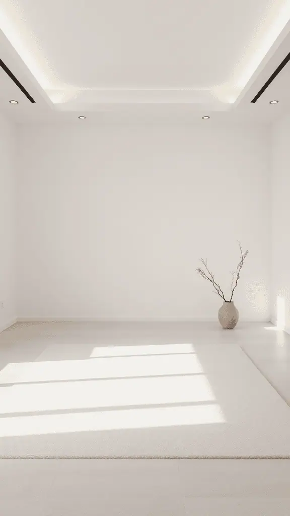 A minimalist meditation room with white walls, a soft rug, and a vase with a branch.