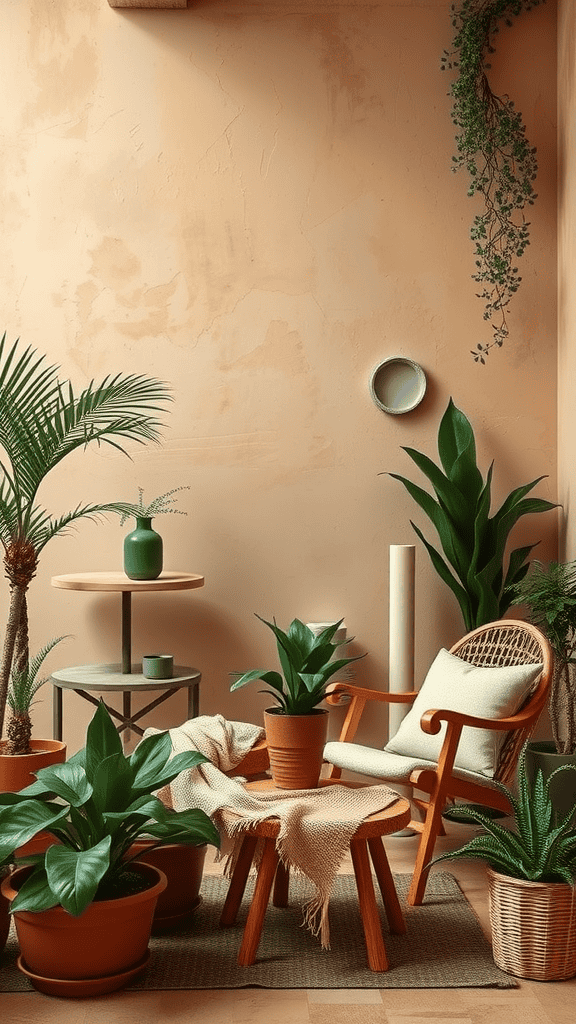Cozy corner with earthy tones, plants, and wooden furniture