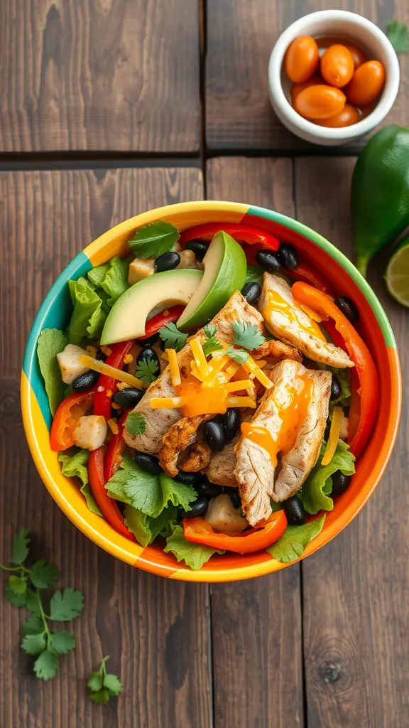 A colorful bowl of Fajita-Style Taco Salad featuring grilled chicken, bell peppers, black beans, and avocado.