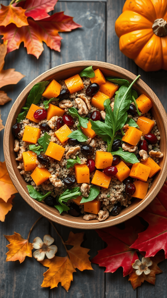 A bowl of colorful quinoa salad with butternut squash, cranberries, walnuts, and spinach, set against a backdrop of autumn leaves.