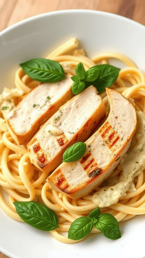 Delicious fettuccine alfredo topped with grilled chicken and garnished with fresh basil
