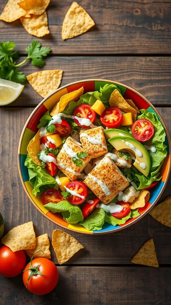 A colorful bowl of fish taco salad with fresh vegetables, crispy tortilla chips, and zesty dressing.