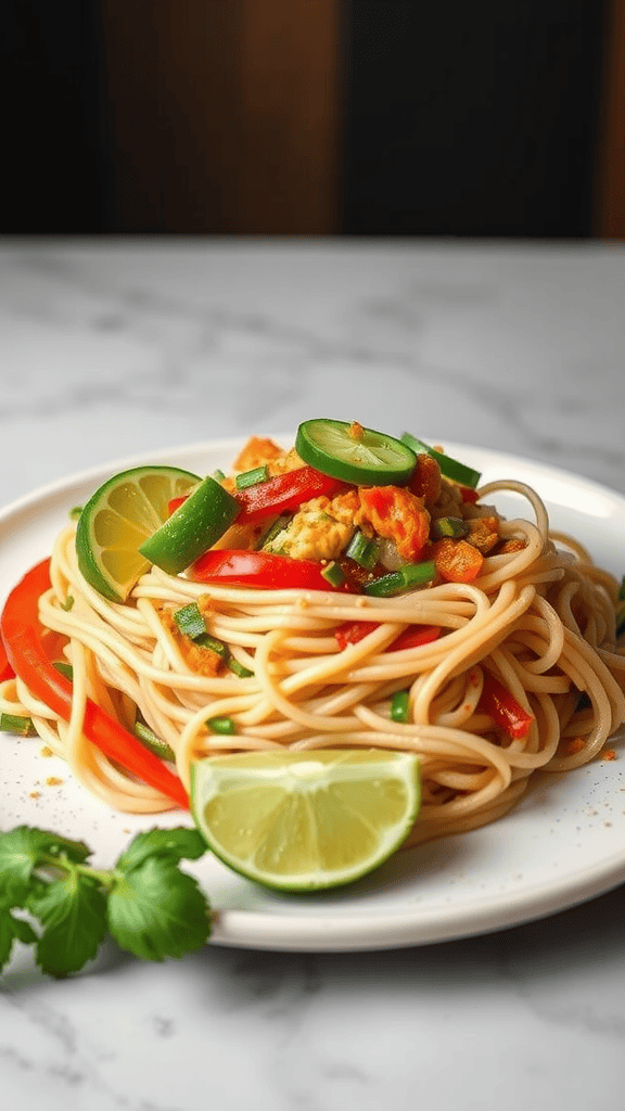 A plate of gluten-free Pad Thai with rice noodles, colorful vegetables, and lime garnishes.