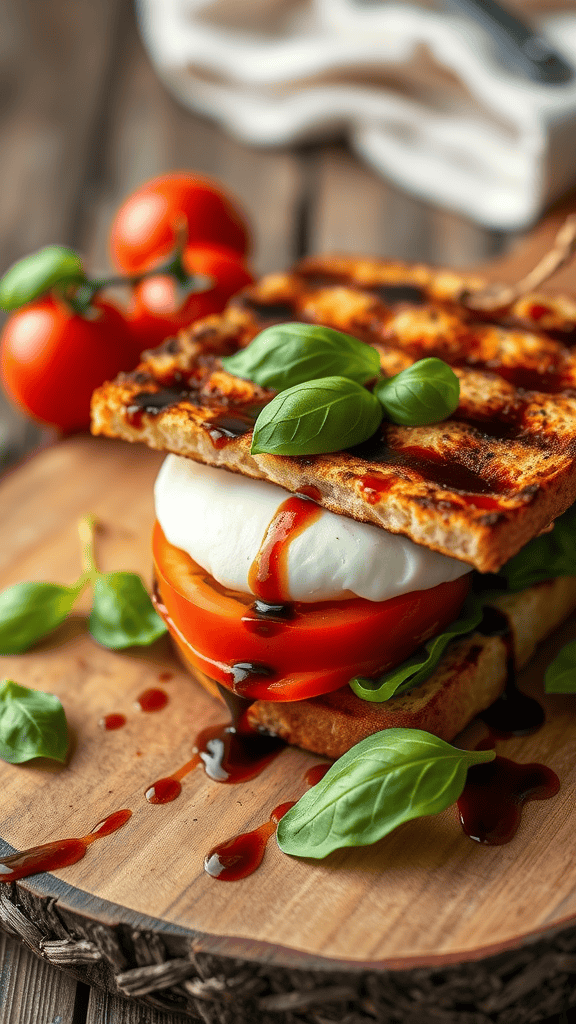 A delicious Grilled Caprese Sandwich with fresh ingredients and a balsamic drizzle.
