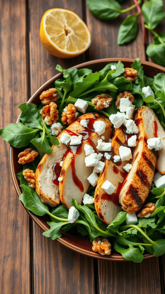 A vibrant salad featuring grilled chicken, arugula, slices of pear, feta cheese, and walnuts, artfully arranged on a wooden table.