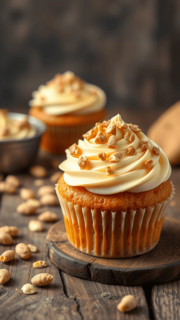 Honey-roasted peanut butter cupcakes with frosting and chopped peanuts on top
