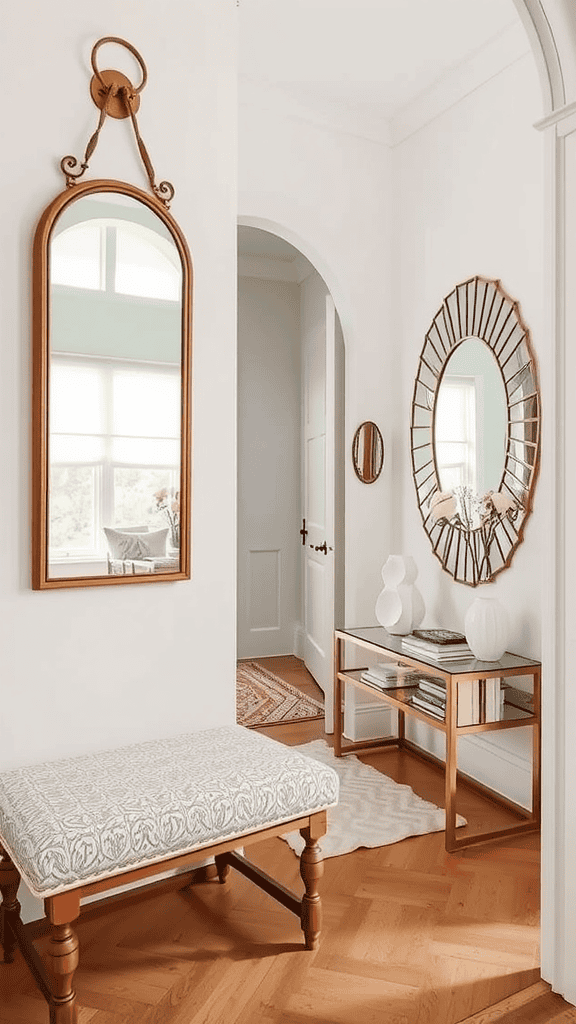 Elegant home entrance with mirrors, plants, and stylish decor.