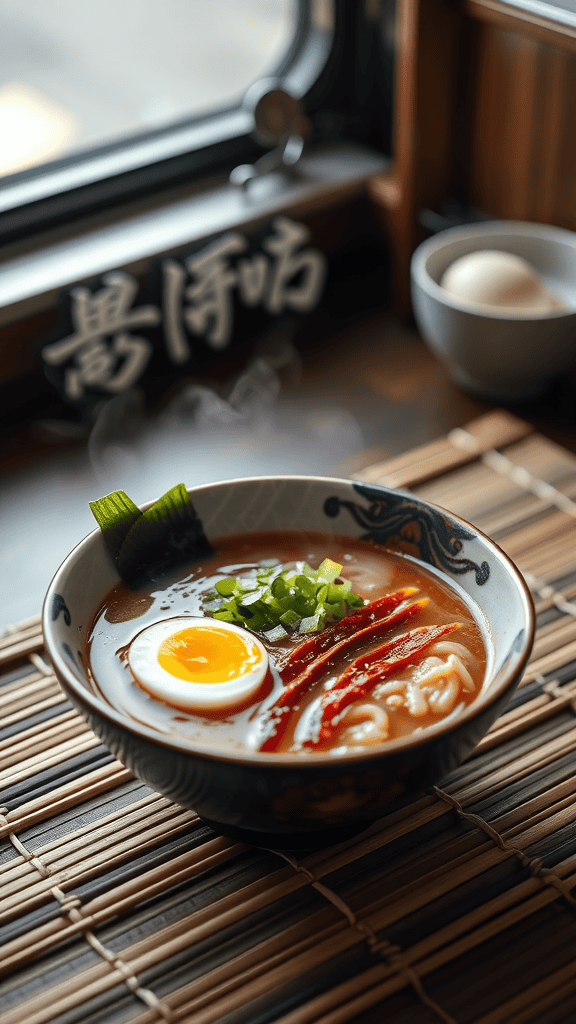 A bowl of Japanese ramen with miso broth, soft boiled egg, green onions, and red chili slices.