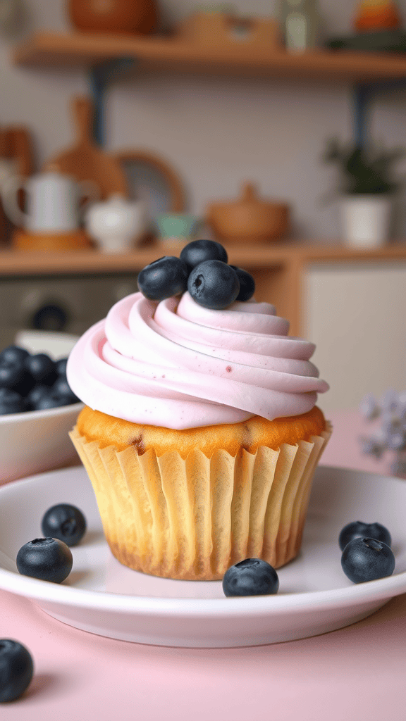Delicious Lavender-Lemon Blueberry cupcake topped with fresh blueberries