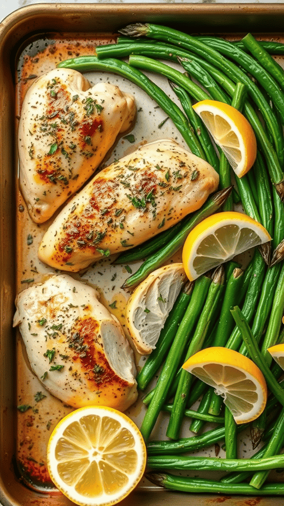 Lemon herb chicken with green beans on a sheet pan