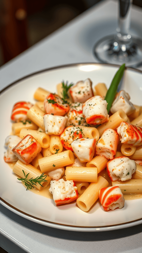 A delicious serving of lobster mac and cheese featuring creamy cheese sauce and pasta.