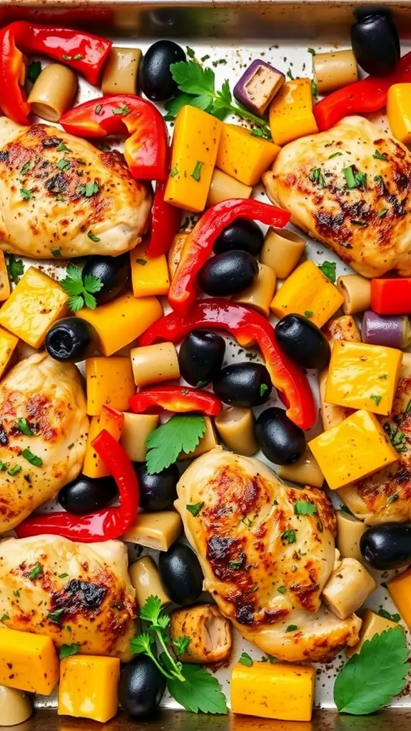 A tray of Mediterranean chicken thighs with colorful bell peppers and olives.