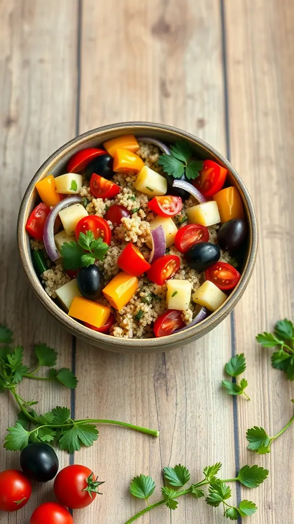 A bowl of Mediterranean quinoa salad with colorful vegetables and herbs.