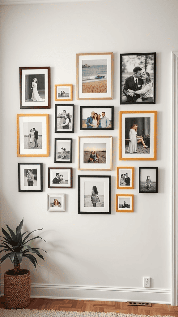 An organized display of framed photos in various colors and sizes on a wall, with a plant at the base.