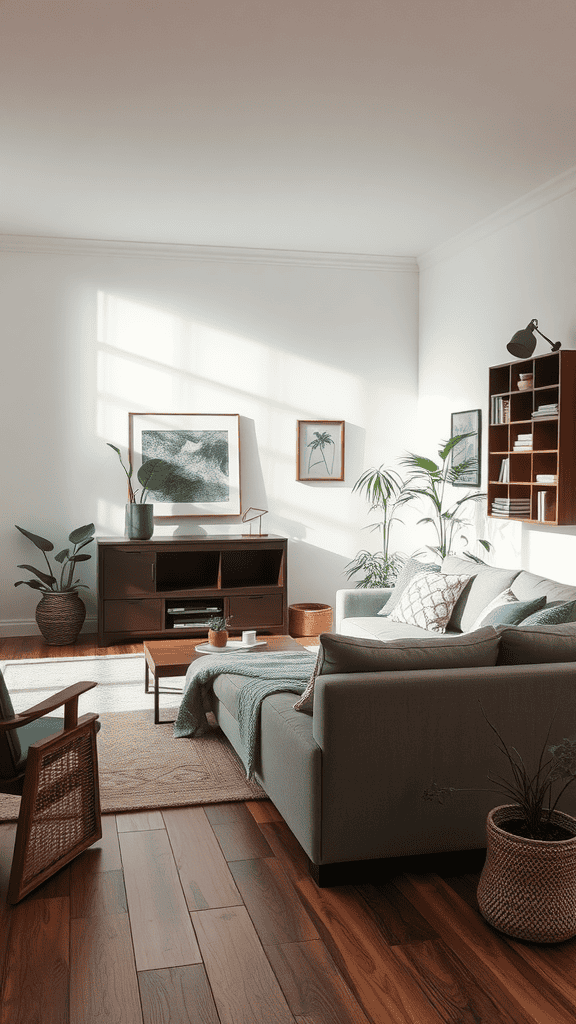 A cozy living room with a sofa, coffee table, plants, and a bookshelf, showcasing mindful furniture placement.