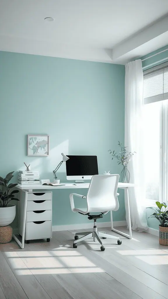 A serene home office with light blue walls, white furniture, and plants for a calming atmosphere.