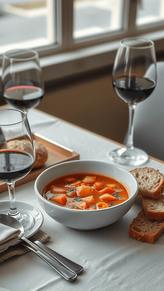 A bowl of minestrone soup served with red wine and bread on a table
