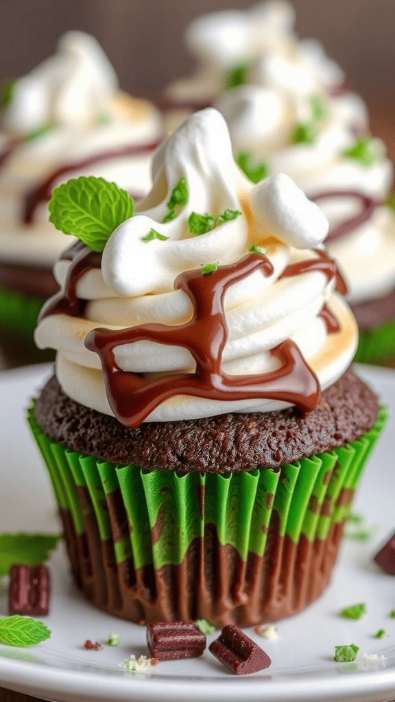 Mint Chocolate S'mores Cupcakes with a drizzle of chocolate and topped with a mint leaf.