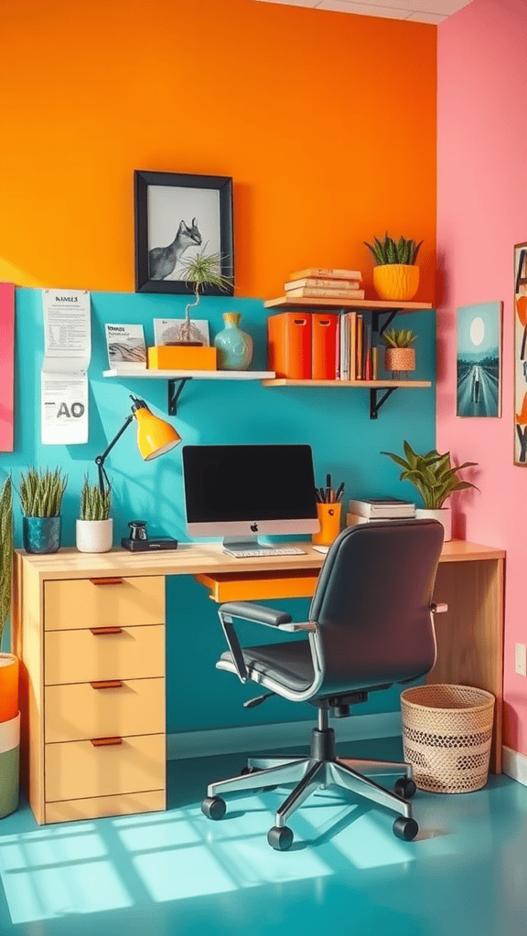 A bright and colorful home office with coral walls, an orange desk, and lively decorations.