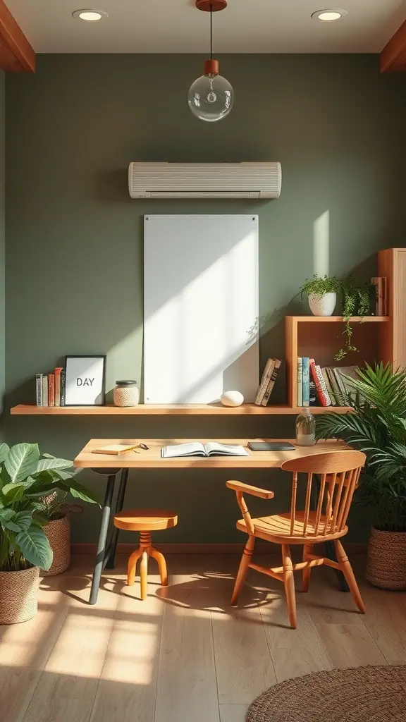 A cozy workspace with muted green walls, wooden furniture, and plants creating a refreshing environment.