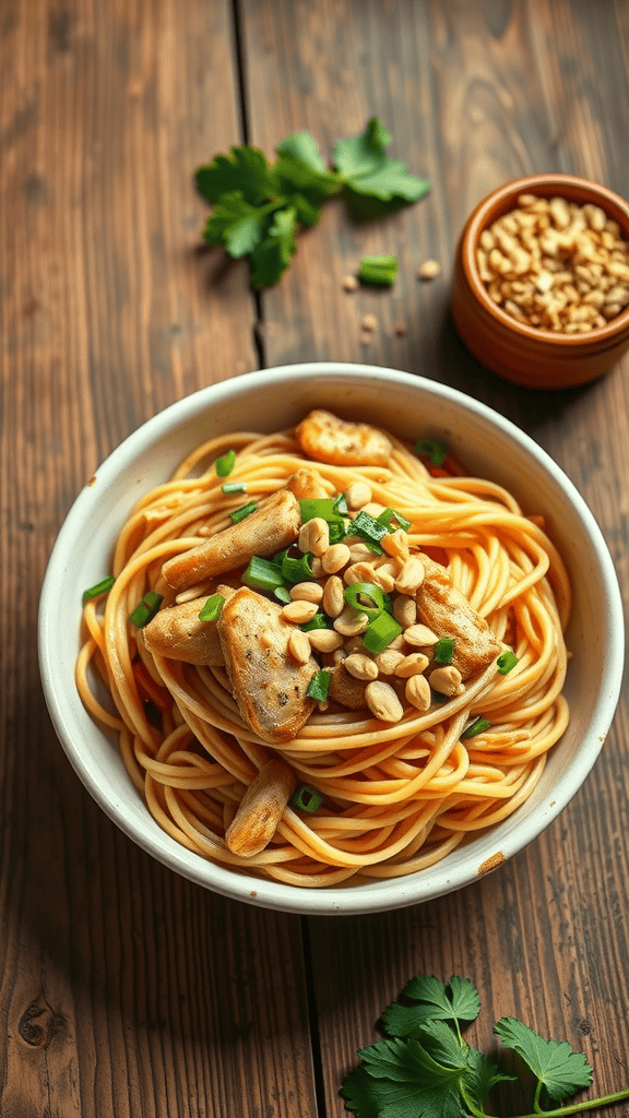A bowl of Pad Thai with chicken and crushed peanuts.