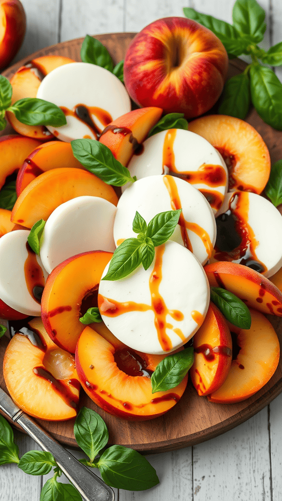 A colorful Peach Caprese salad featuring sliced peaches, mozzarella, and basil drizzled with balsamic glaze.