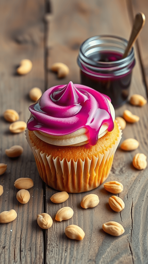 Peanut butter cupcakes with jelly topping and peanuts