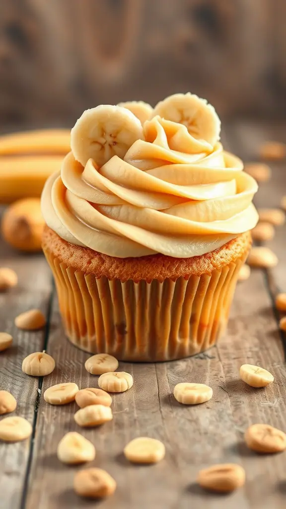 Delicious peanut butter banana cupcake topped with creamy frosting and banana slices.