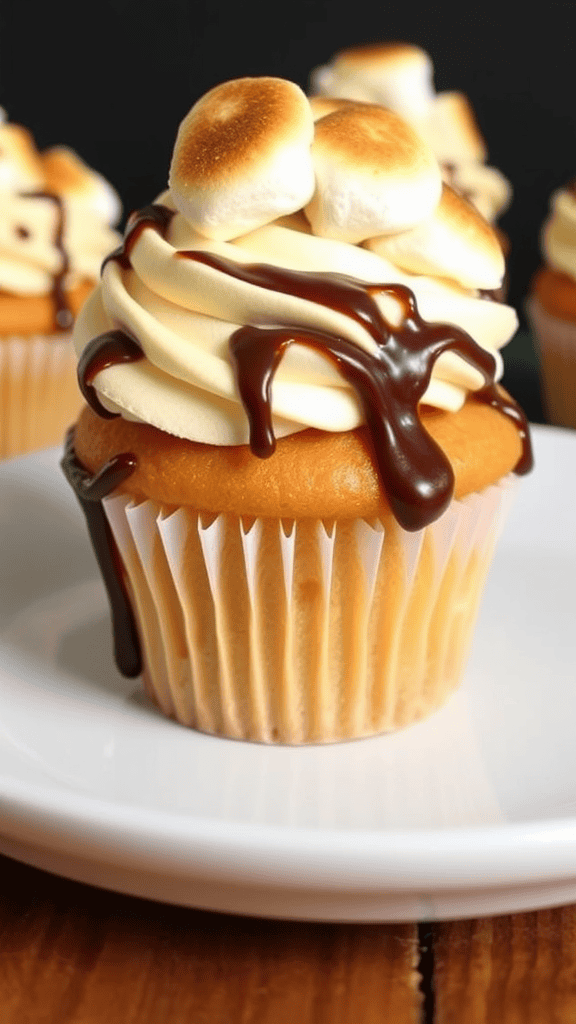 Peanut Butter S'mores Cupcakes topped with whipped cream and chocolate drizzle