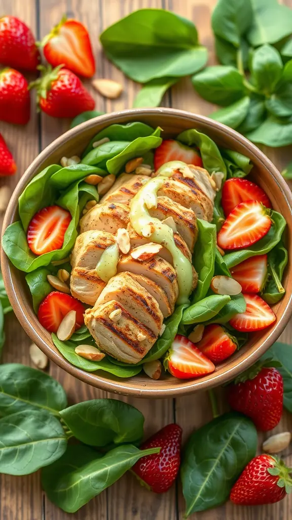 A colorful Spinach & Strawberry Chicken Salad with grilled chicken, sliced strawberries, and almonds.