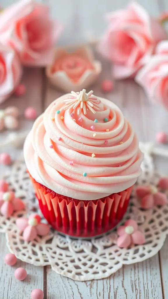 Delicious pink velvet cupcake with creamy frosting and colorful sprinkles