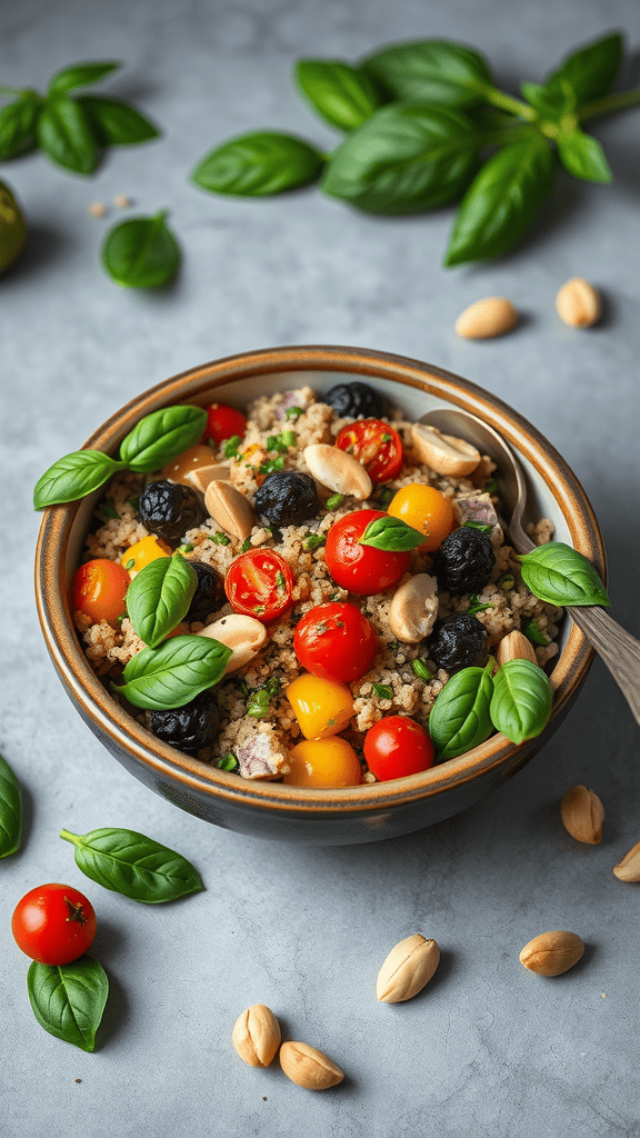 A colorful bowl of quinoa salad topped with cherry tomatoes, basil, and nuts.
