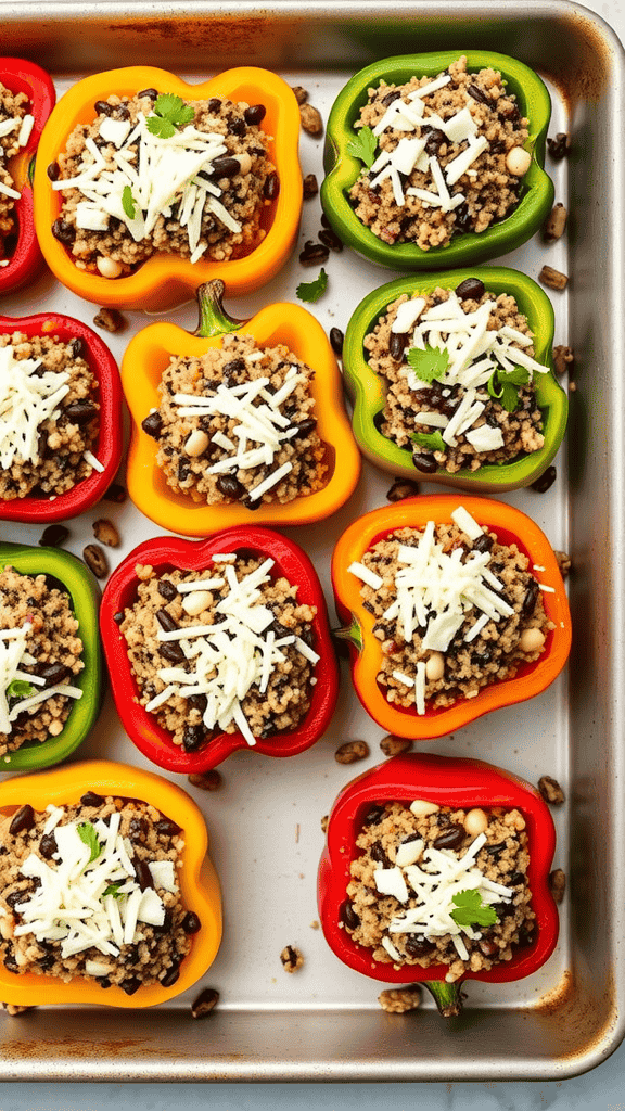 Colorful stuffed bell peppers filled with quinoa, black beans, and cheese on a sheet pan.