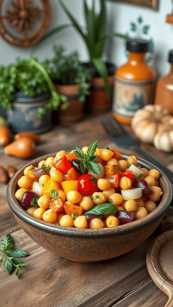 A bowl of roasted garlic chickpea salad with colorful vegetables.