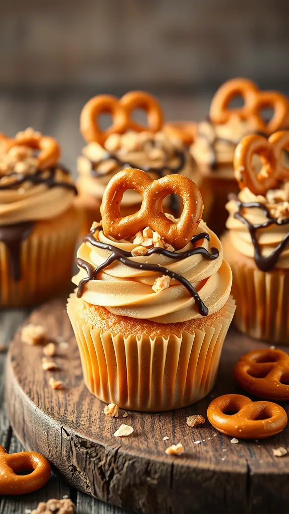 Delicious peanut butter cupcakes topped with salted pretzel crunch.