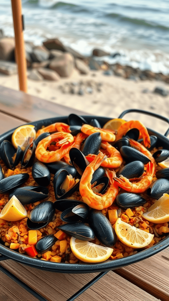 A colorful seafood paella with shrimp and mussels, garnished with lemon slices.