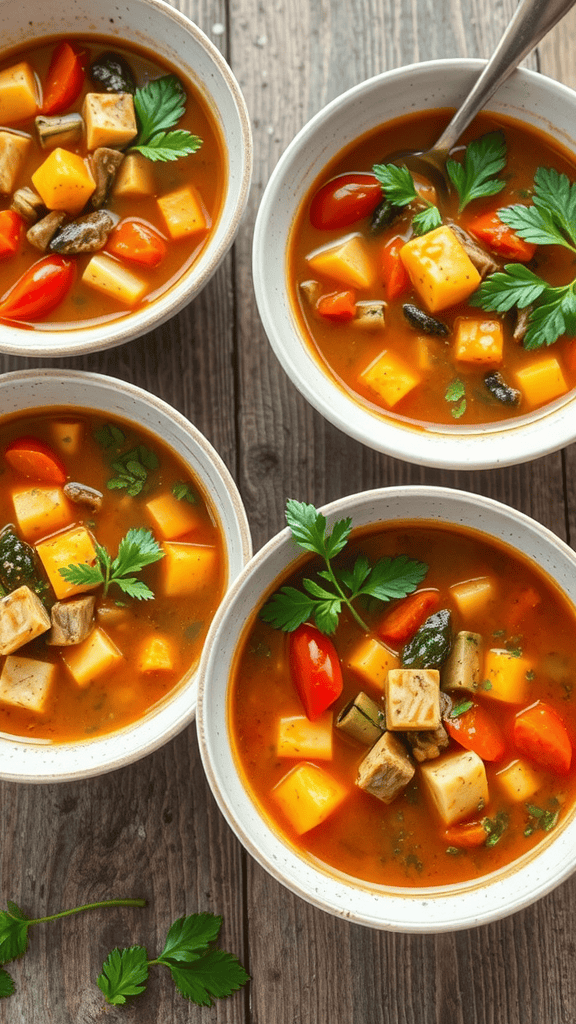 A colorful assortment of minestrone soup bowls topped with fresh herbs on a wooden table.