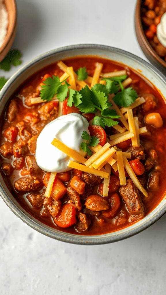 A bowl of chili con carne topped with cheese, sour cream, and cilantro.