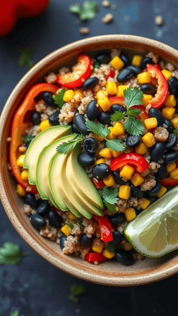A vibrant southwestern quinoa salad with black beans, corn, bell peppers, and avocado slices.
