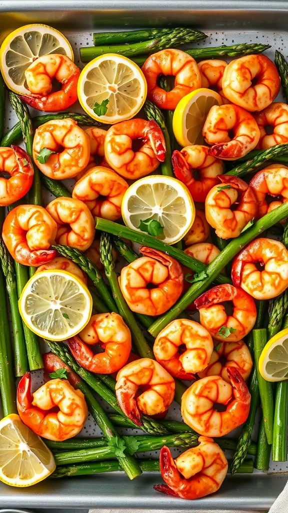 A colorful sheet pan meal featuring spicy shrimp, asparagus, and lemon slices.